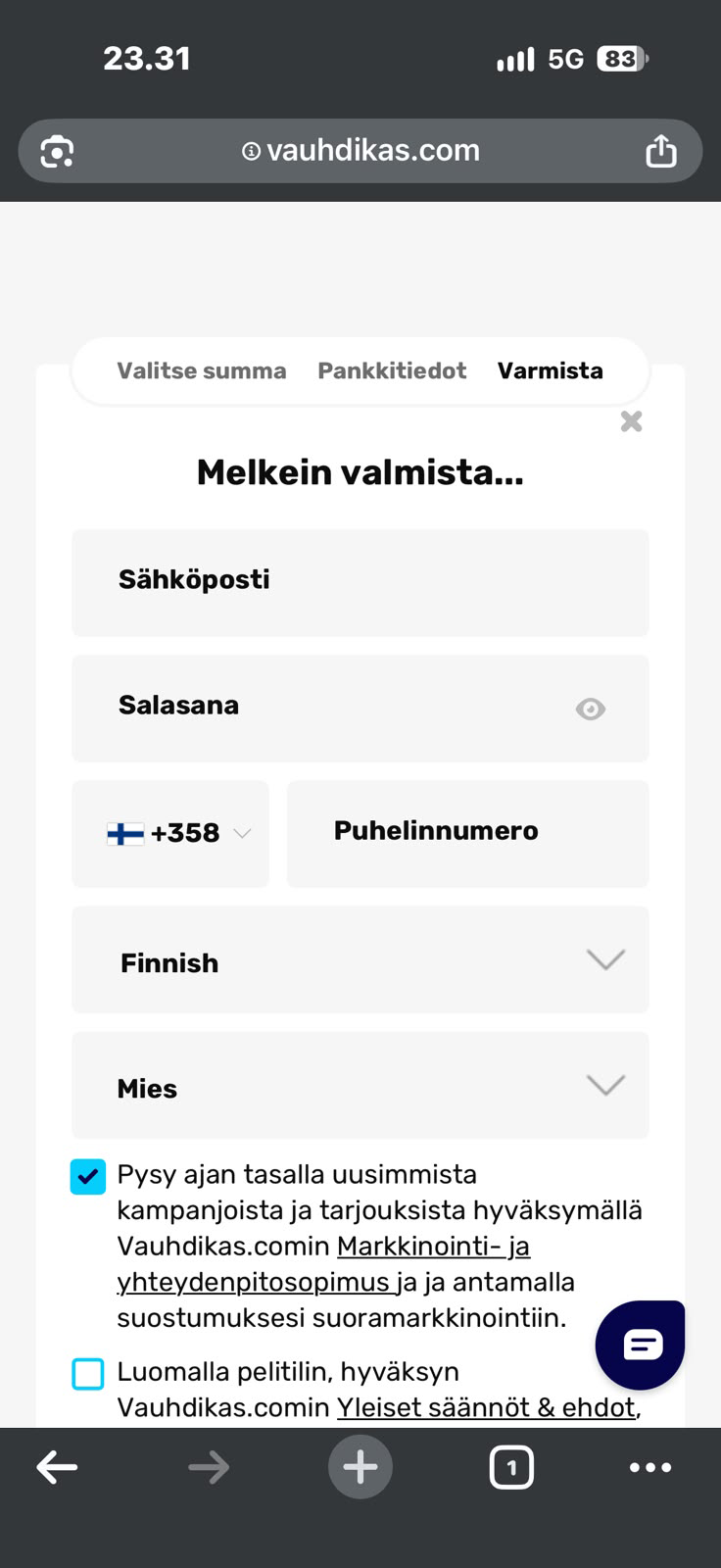 Vauhdikas henkilötietolomake talletuksen jälkeen