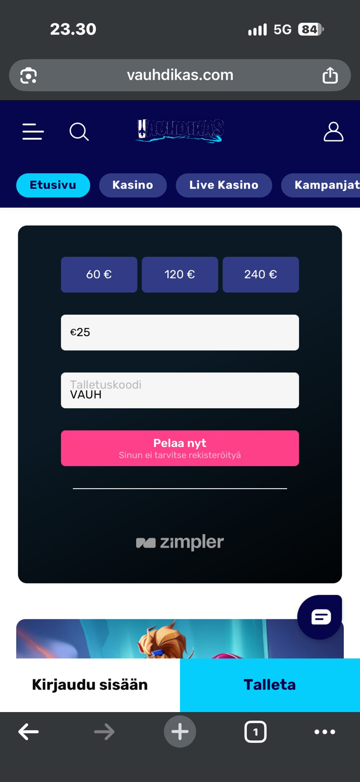 Vauhdikas talletuslomake etusivulla
