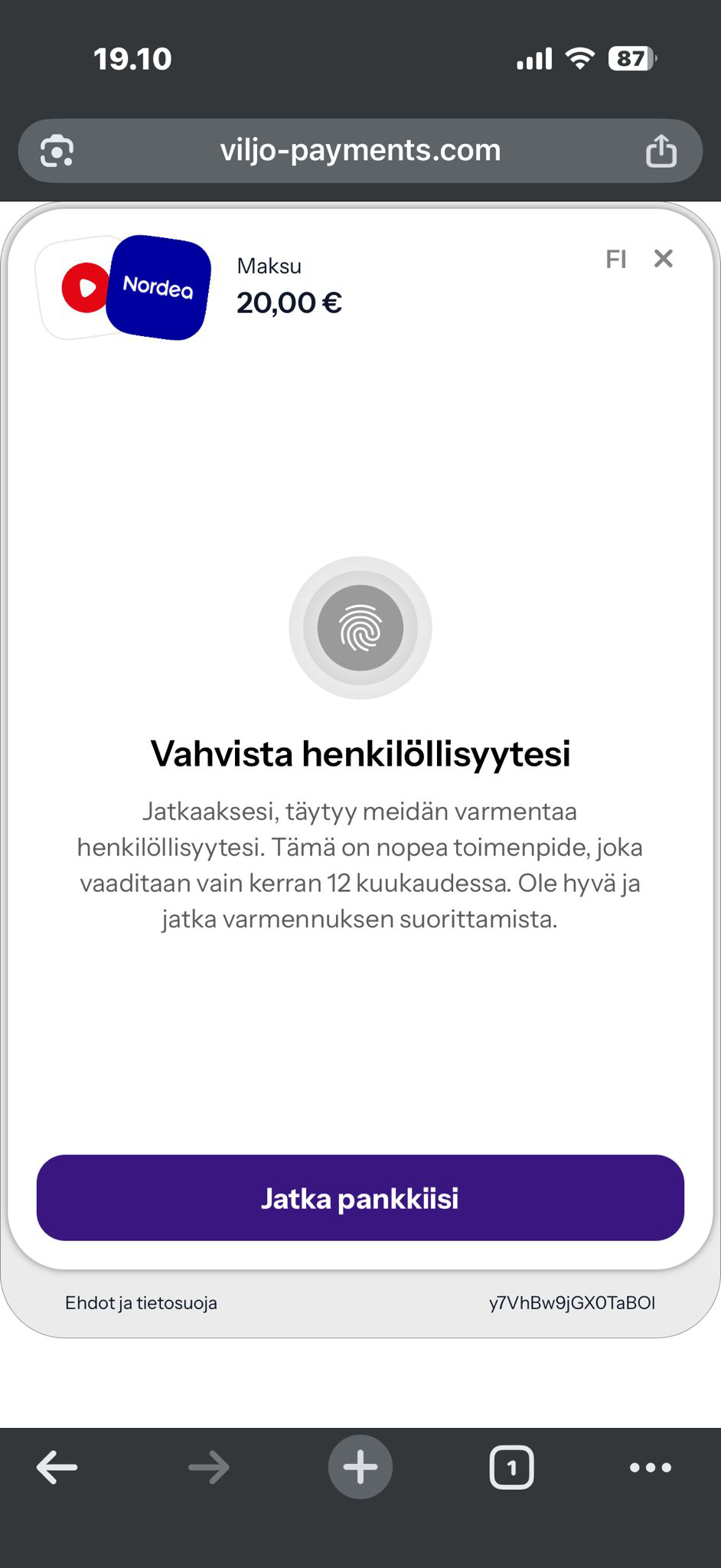 Viljon maksun henkilöllisyyden vahvistaminen Nordealla