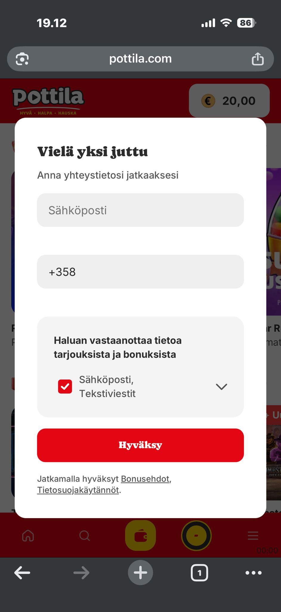 Viljon talletus näkyy kasinolla pelitilillä