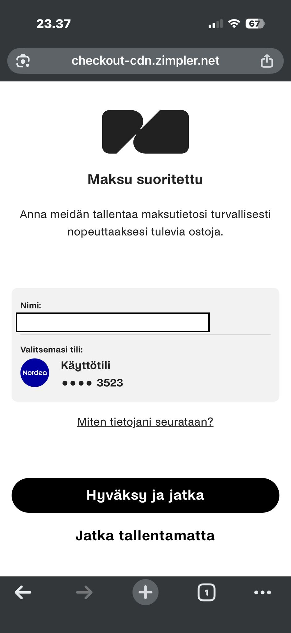 Zimpler maksu suoritettu pikakasinolle